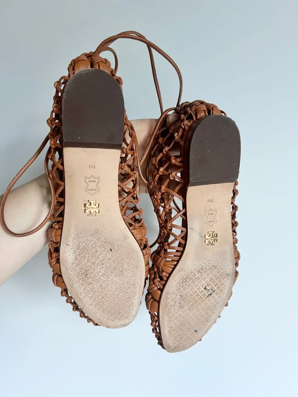 Tory Burch Helena Woven Leather Mesh Lace up Ballet Flats in Ambra Tan Size 7 M